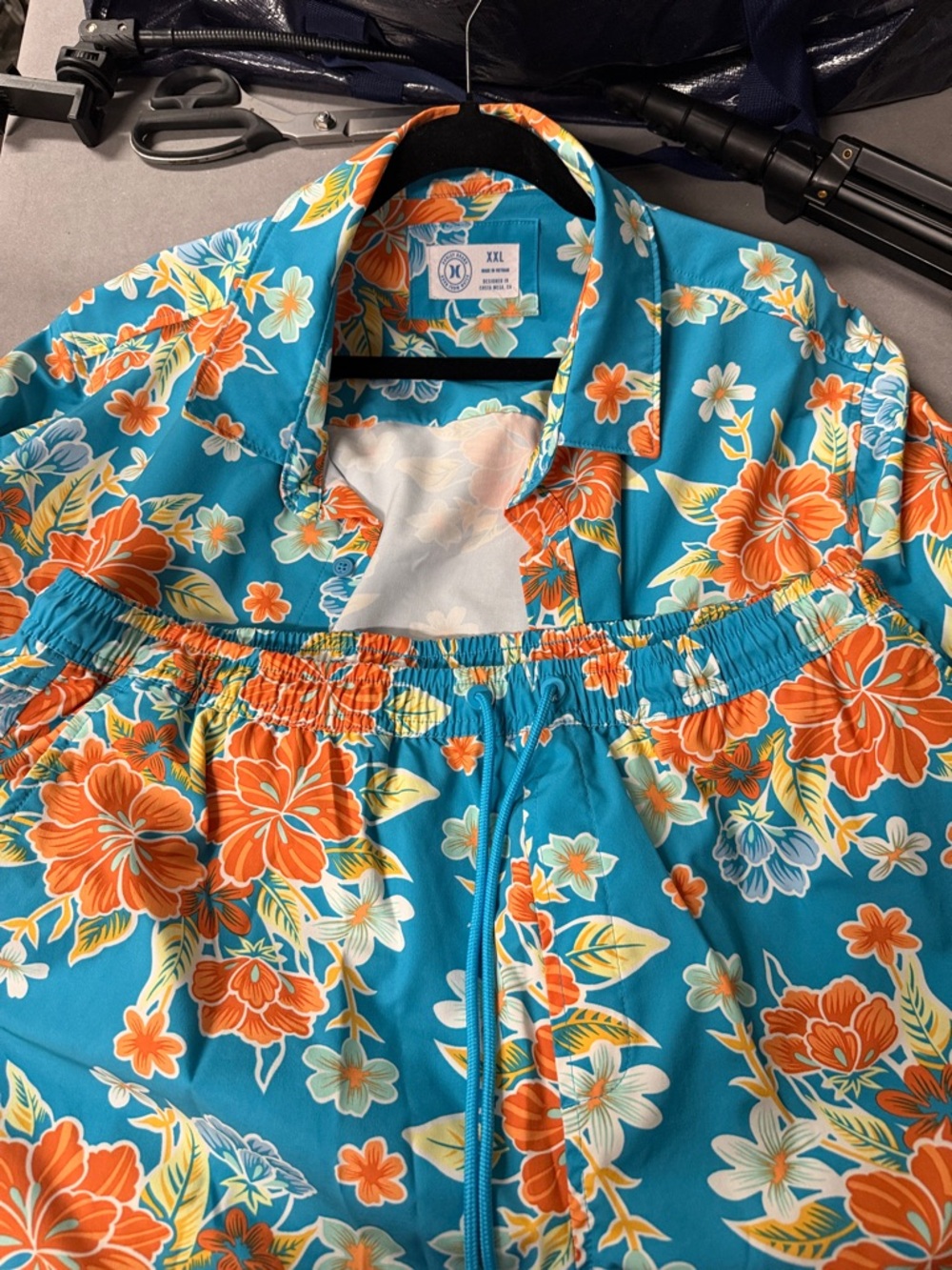 Hurley Turquoise Orange Floral Camp Shirt/Shorts